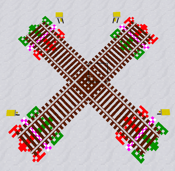  A picture of two tracks crossing at 90°, with four TCBs, each 3 nodes away from the centre where the tracks cross. The TCBs all have their doodads showing. The tracks are not connected with a diamond crossing but just use ordinary straight tracks.