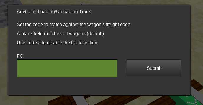 The Loading/Unloading track GUI, which has a label that says "Set the code to match against the wagon's freight code. A blank field matches all wagons (default). Use code # to disable the track section.", and has a text input labelled FC and a submit button.