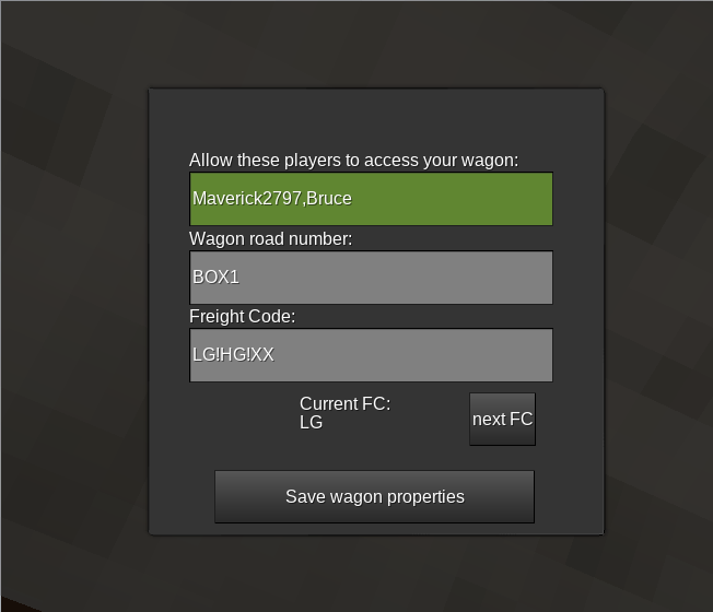Screenshot of the wagon properties menu, showing the whitelist, road number and freight code input fields and the next FC button.